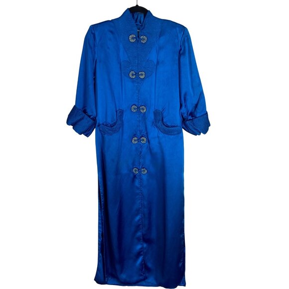 Vtg Silver Lake Duster Opera Coat Asian Style Satin Blue Size M - Picture 1 of 10